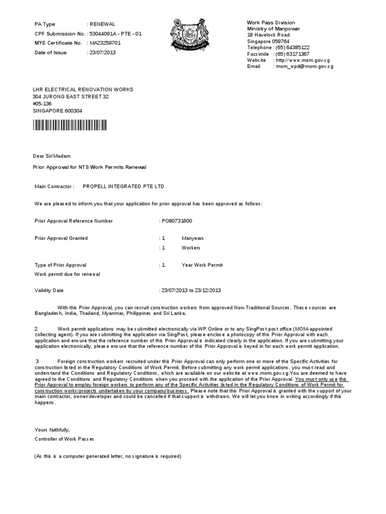 Work Permit Renewal Approval Notice | PDF | License | Government