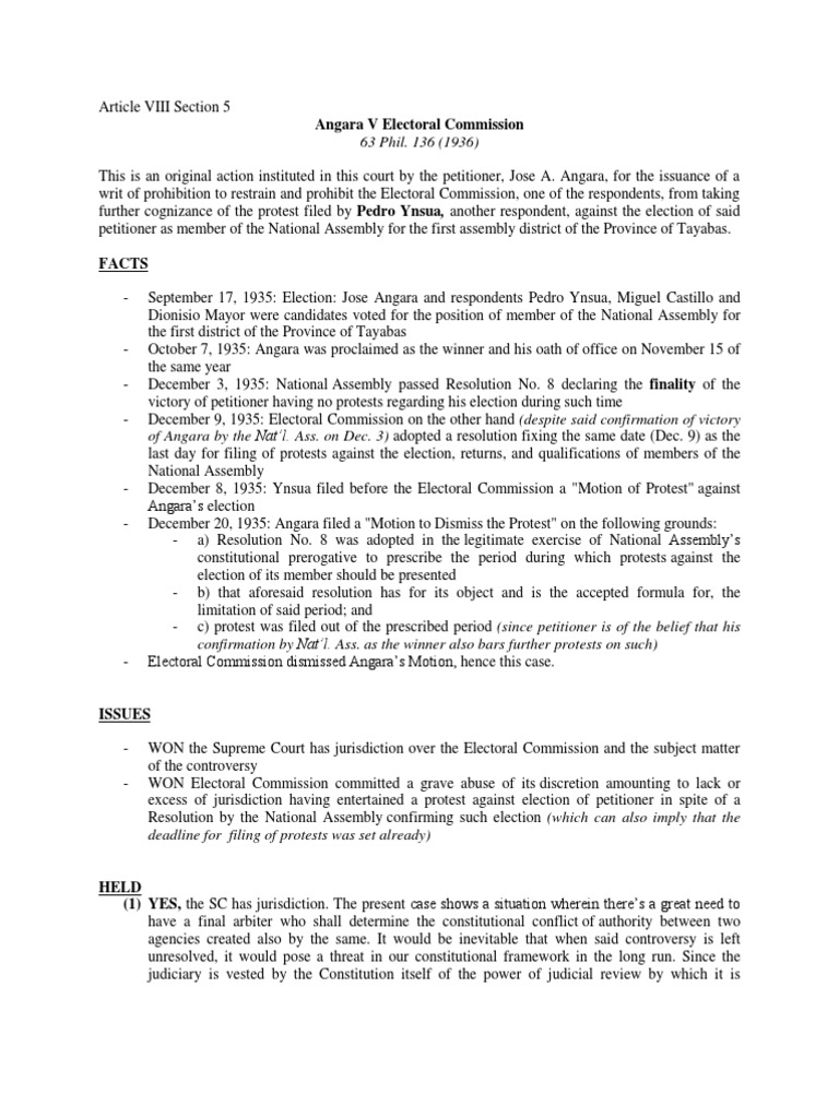 Angara V Electoral Commission (Article Viii Section 5) | PDF ...