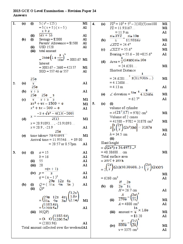 2013 GCE O Level Examination Revision Paper 24 Answers