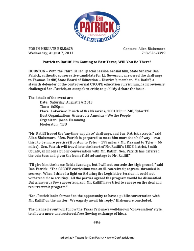 Patrick To Ratliff: I'm Coming To East Texas, Will You Be There? | PDF ...