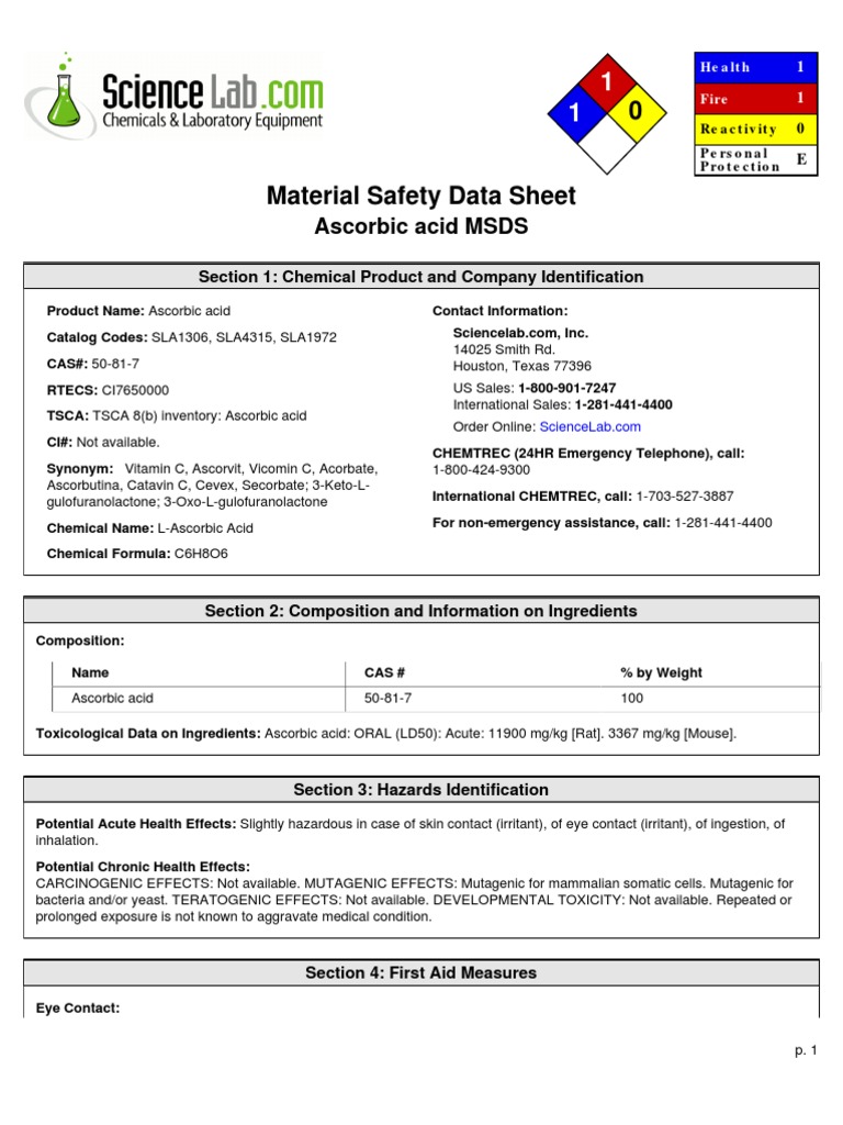ACIDO ASCORBICO NFPA Solubility Toxicity