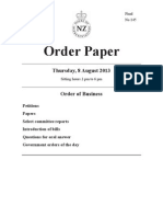 Order Paper for New Zealand Parliament sitting on Thursday August 8, 2013