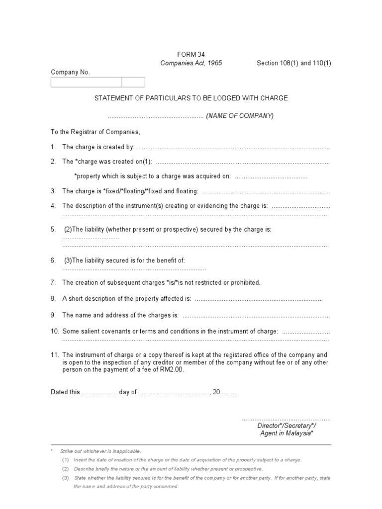 Form 34 Statement of Particulars To Be Lodged With Charge | PDF
