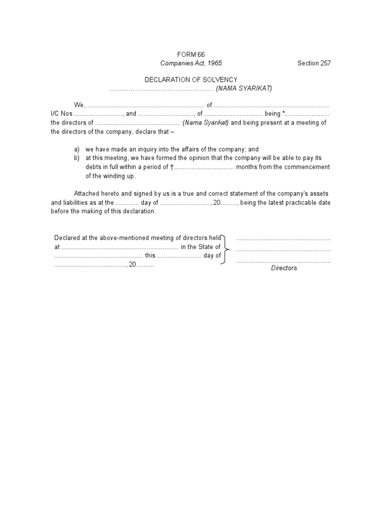 Declaration of Solvency Template | PDF | Financial Economics | Economics
