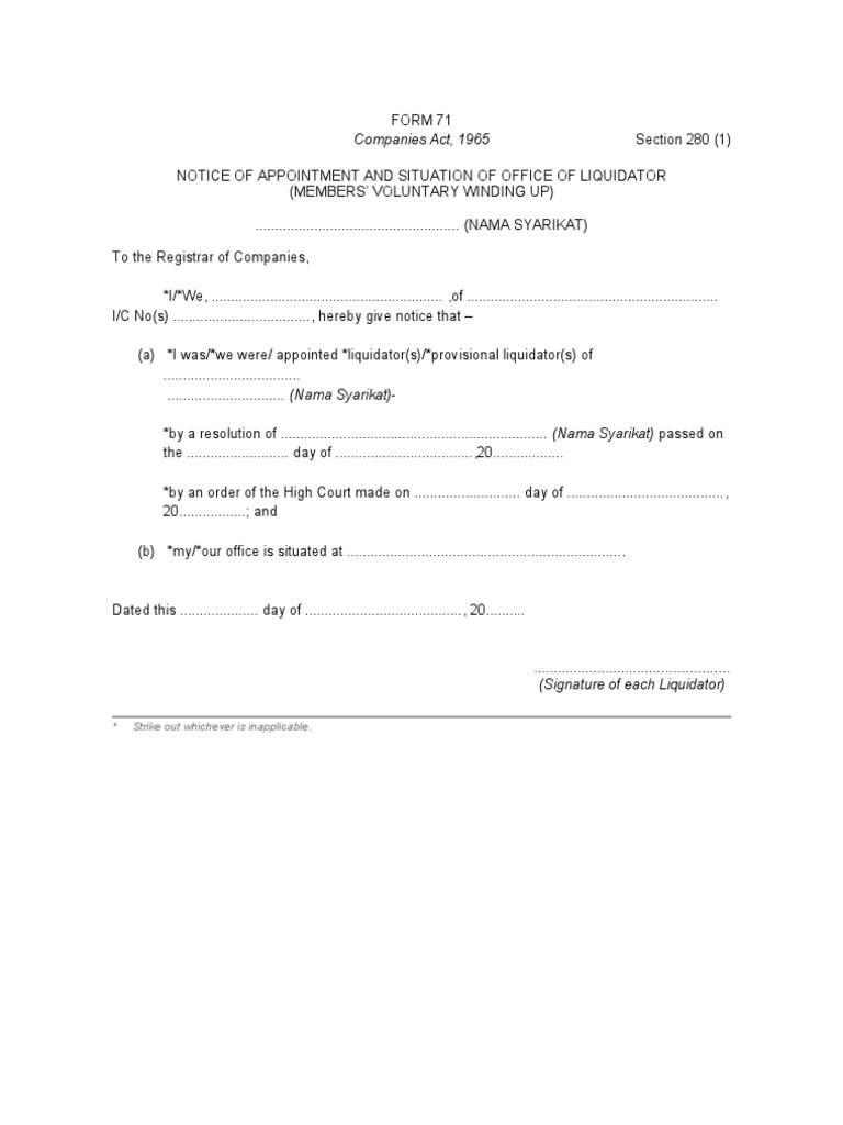 Notice of Liquidator Appointment Form 71 | PDF | Finance & Money Management