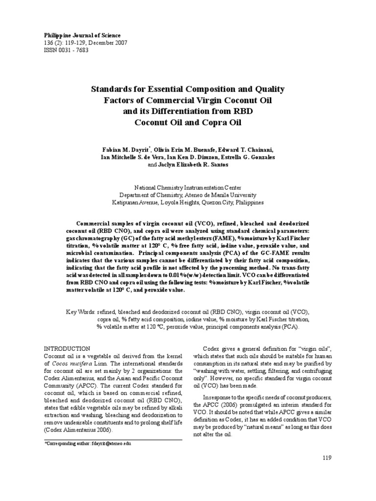 Standard For Essential Composition of VCO | PDF | Coconut Oil | Gas ...