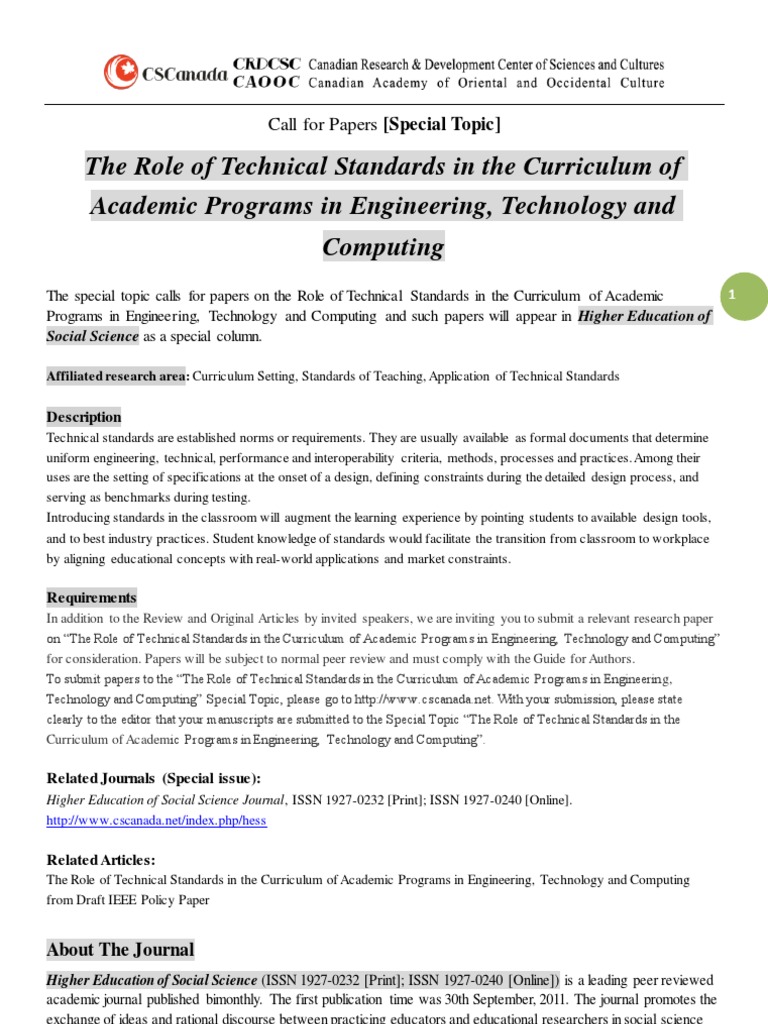 Technical Standards in Engineering Curriculum | PDF