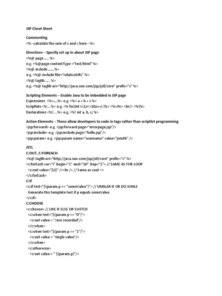 JSP Cheat Sheet | PDF | Java Server Pages | C (Programming Language)