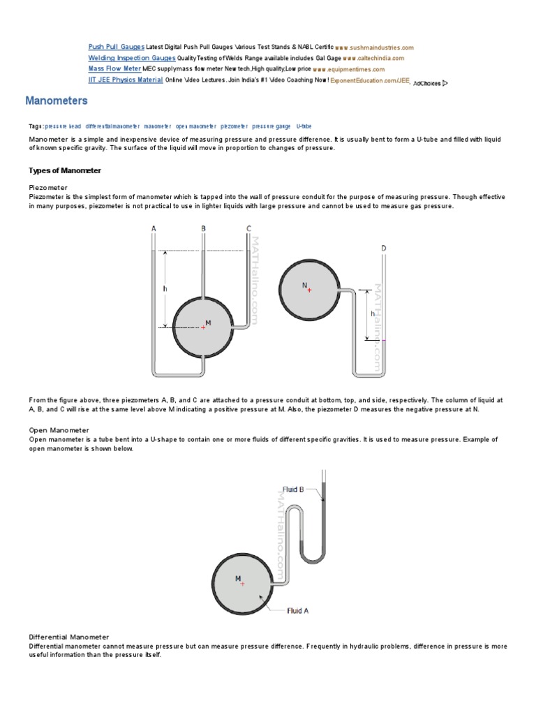 Types and Uses of Manometers Explained | PDF | Pressure Measurement ...
