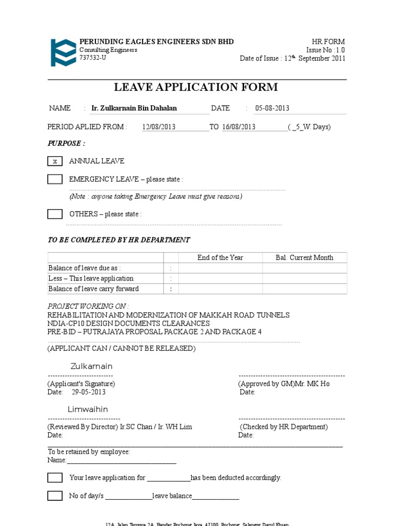 Leave Application Form: Perunding Eagles Engineers SDN BHD | PDF ...