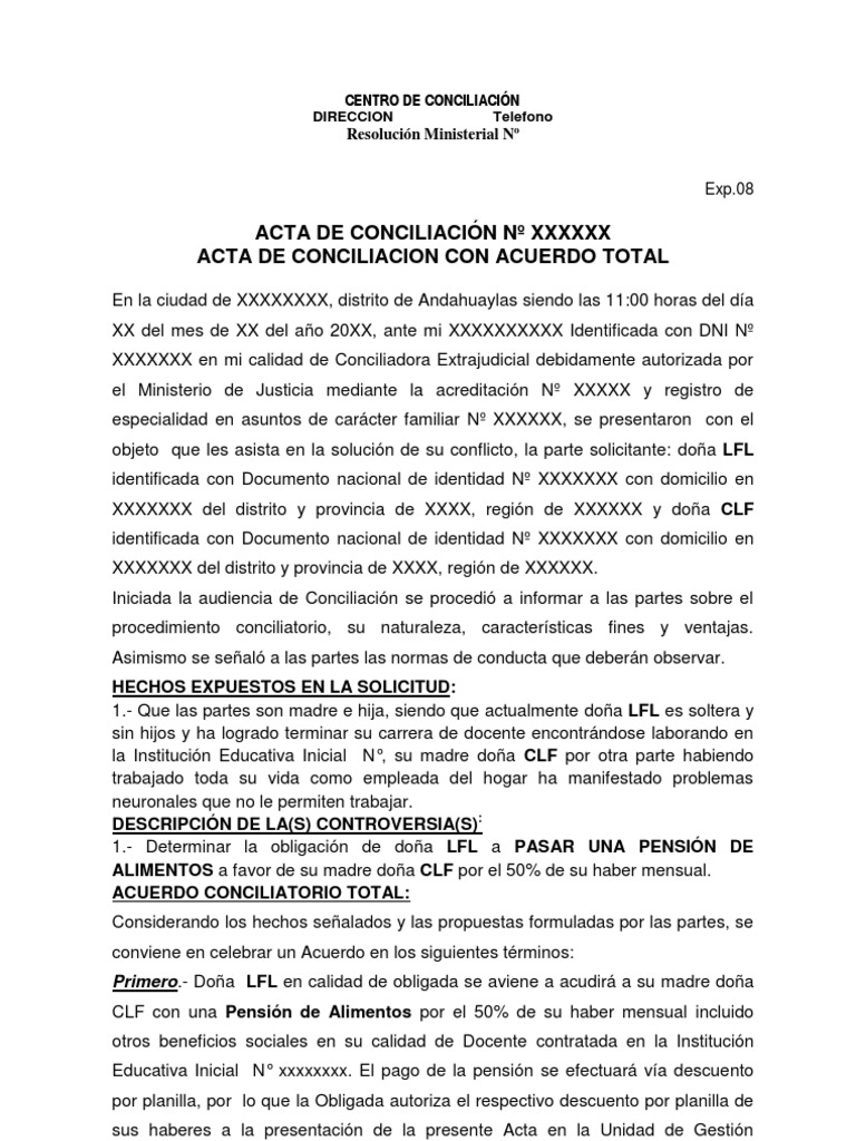 Modelo de Acta de Conciliacion Sobre Alimentos Para La 