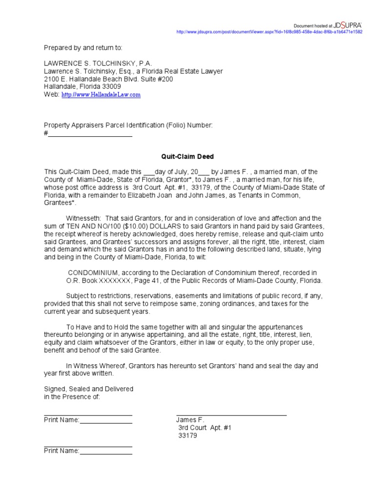 Sample QCD With Life Estate PDF Deed Urban