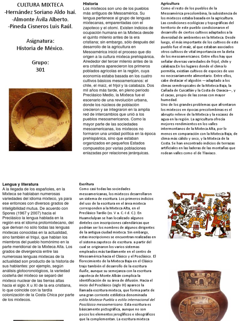 Triptico Cultura Mixteca PDF Mesoamérica Era precolombina