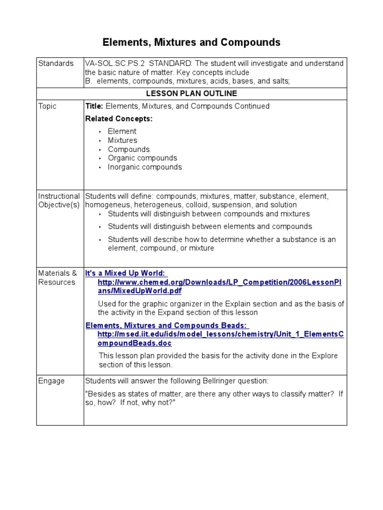 Elements Mixtures Compounds Lesson | PDF | Chemical Compounds | Mixture