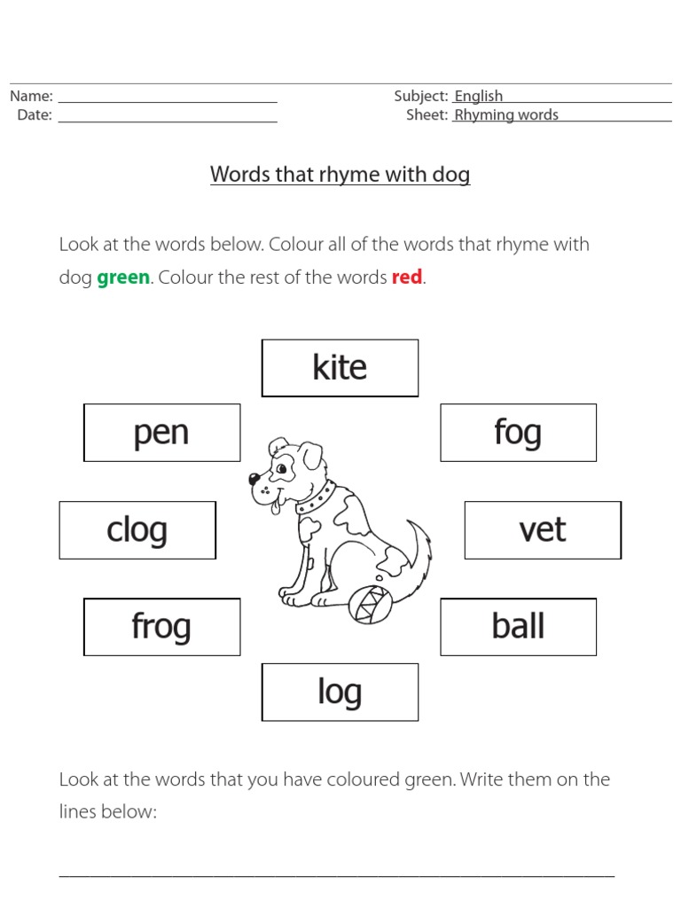 Words That Rhyme With Dog - English Worksheet For Primary 