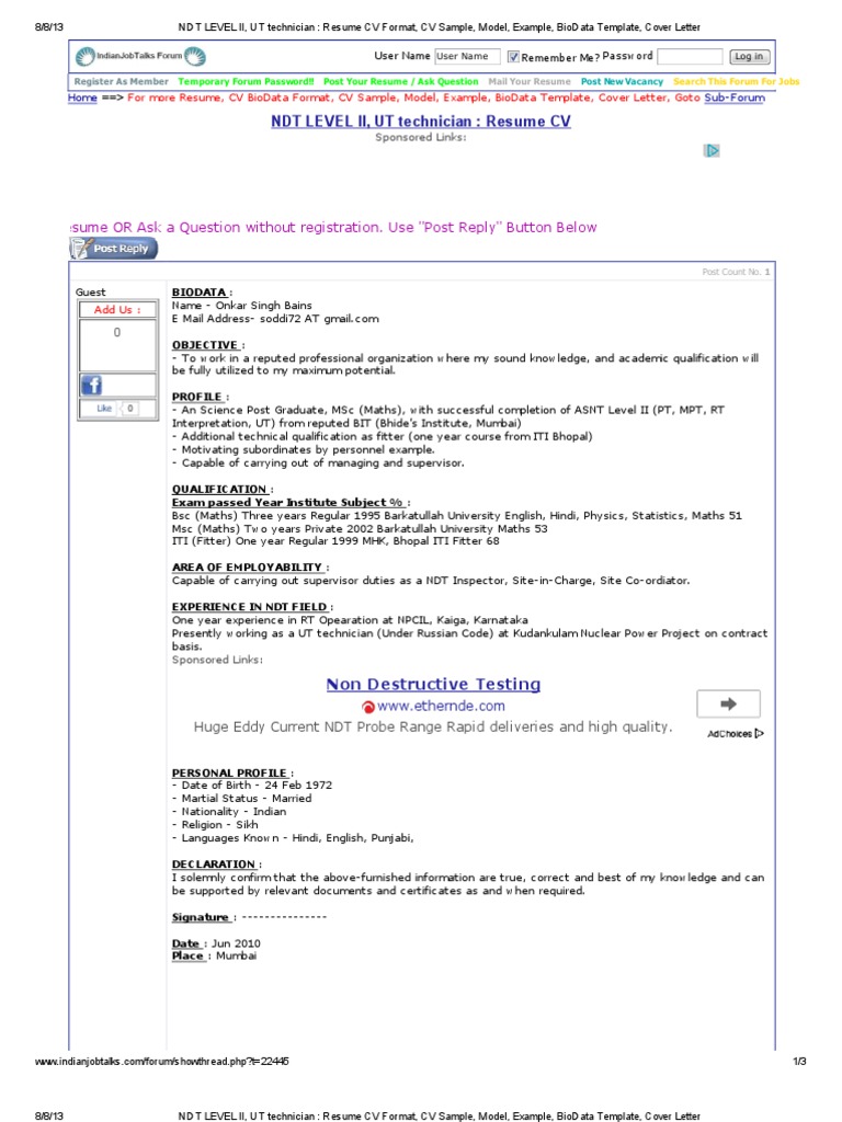 Ndt Level Ii Ut Technician Resume Cv Format Cv Sample Model Example Biodata Template Cover Letter Nondestructive Testing