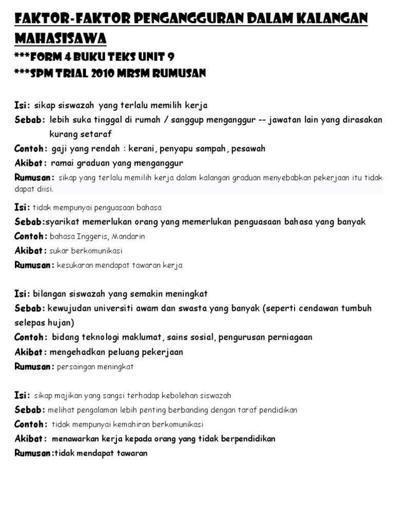 Sebab Pengangguran Di Malaysia