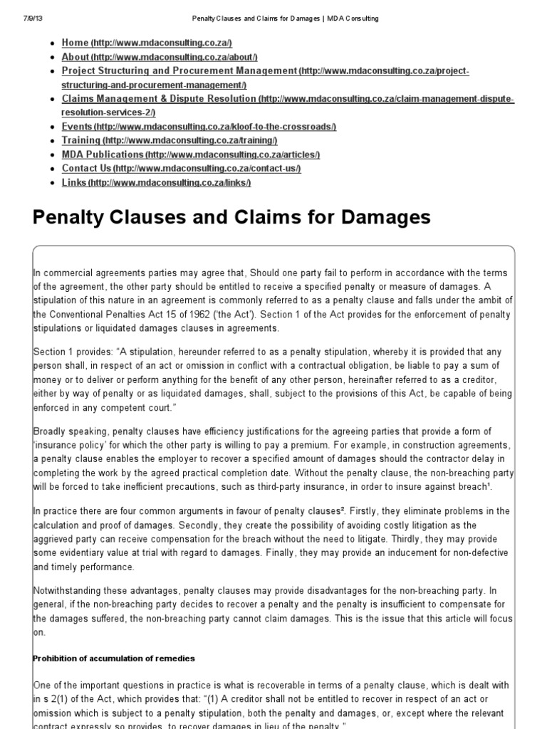Penalty Clauses and Claims for Damages Damages Liquidated Damages