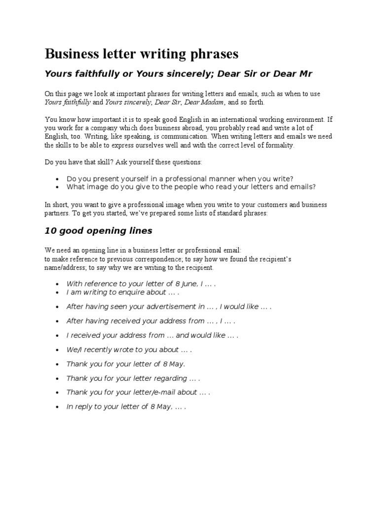 Business Letter Writing Phrases Communication