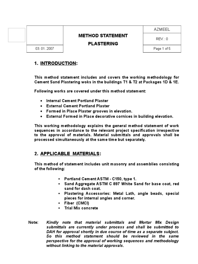 Plastering Method Statement Overview | PDF | Plaster | Concrete