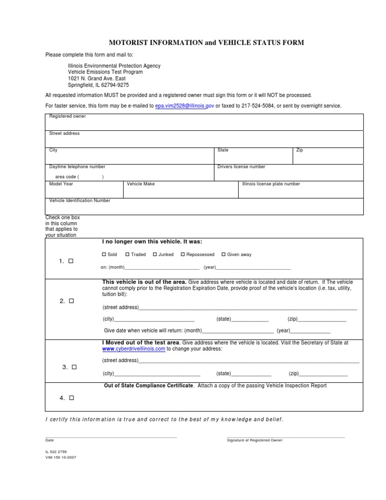 Motorist Information and Vehicle Status Form: Epa - Vim2528@illinois ...