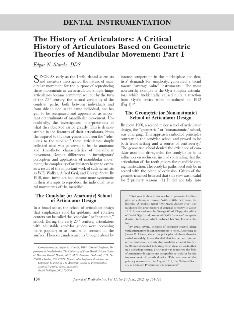 History of Articulators Part 1 2004 PDF Dentistry Branches Dentistry