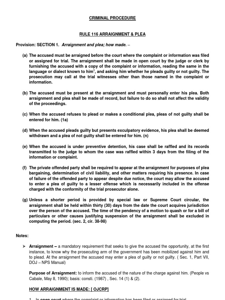 Criminal Procedure Notes For Rule 116 Sections 1 - 3 | PDF | Plea ...