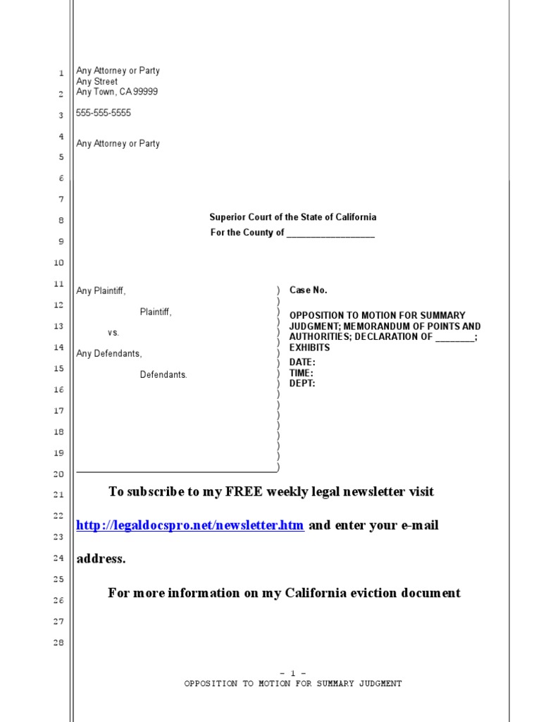 Sample Opposition To Motion For Summary Judgment in California