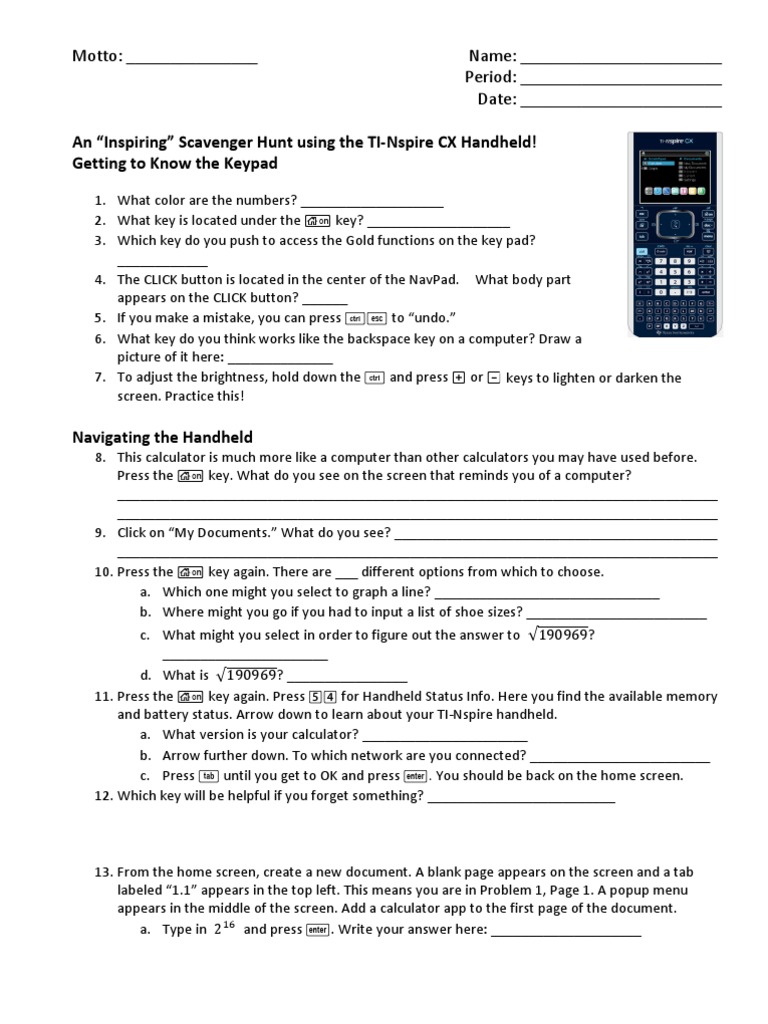 TI Nspire CX Scavenger Hunt Computing Computers