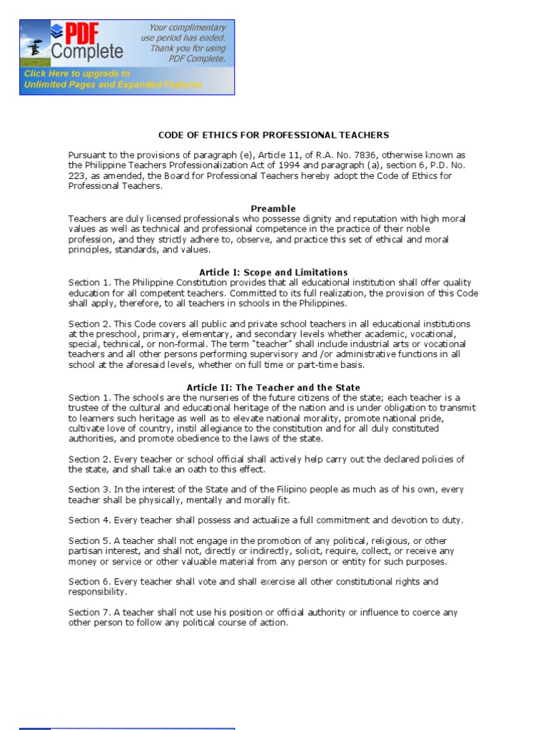 Code Of Ethics For Professional Teachers Deped Ncr Profession Teachers
