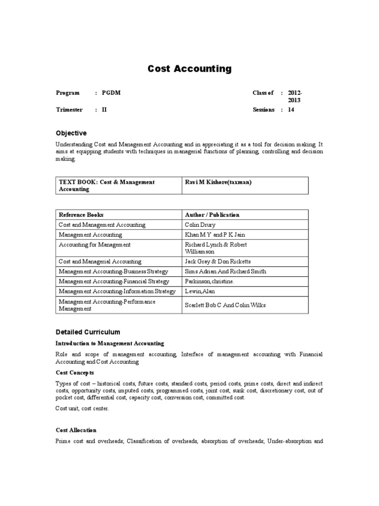Cost Accounting Course Outline | PDF | Cost Accounting | Management ...