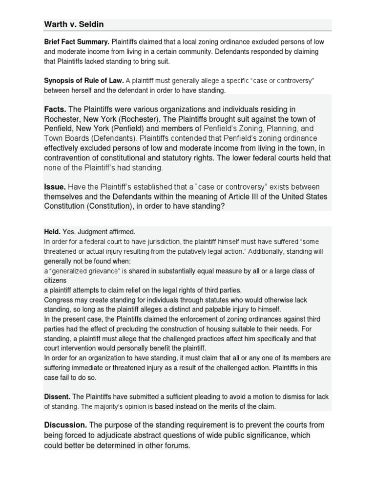 Warth Vs Seldin PDF Standing (Law) Case Or Controversy Clause