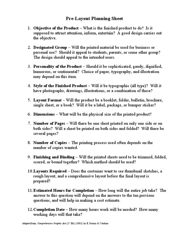 Pre-Layout Planning Sheet: Adapted From: Comprehensive Graphic Arts (2 ...
