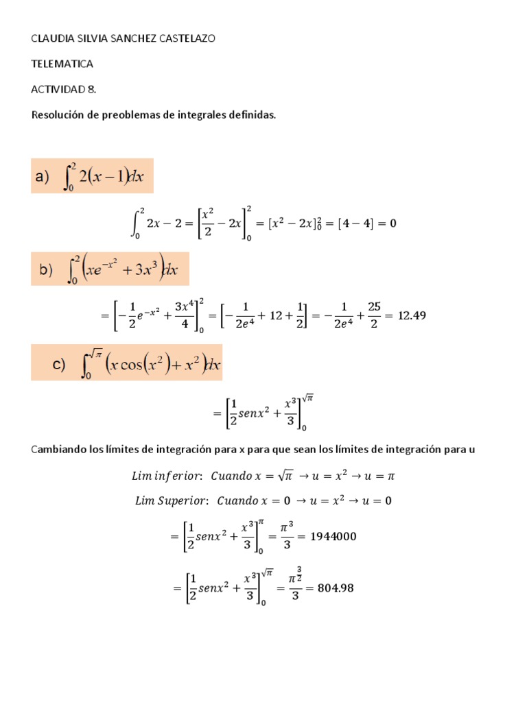 Resolución de Integrales Definidas | PDF