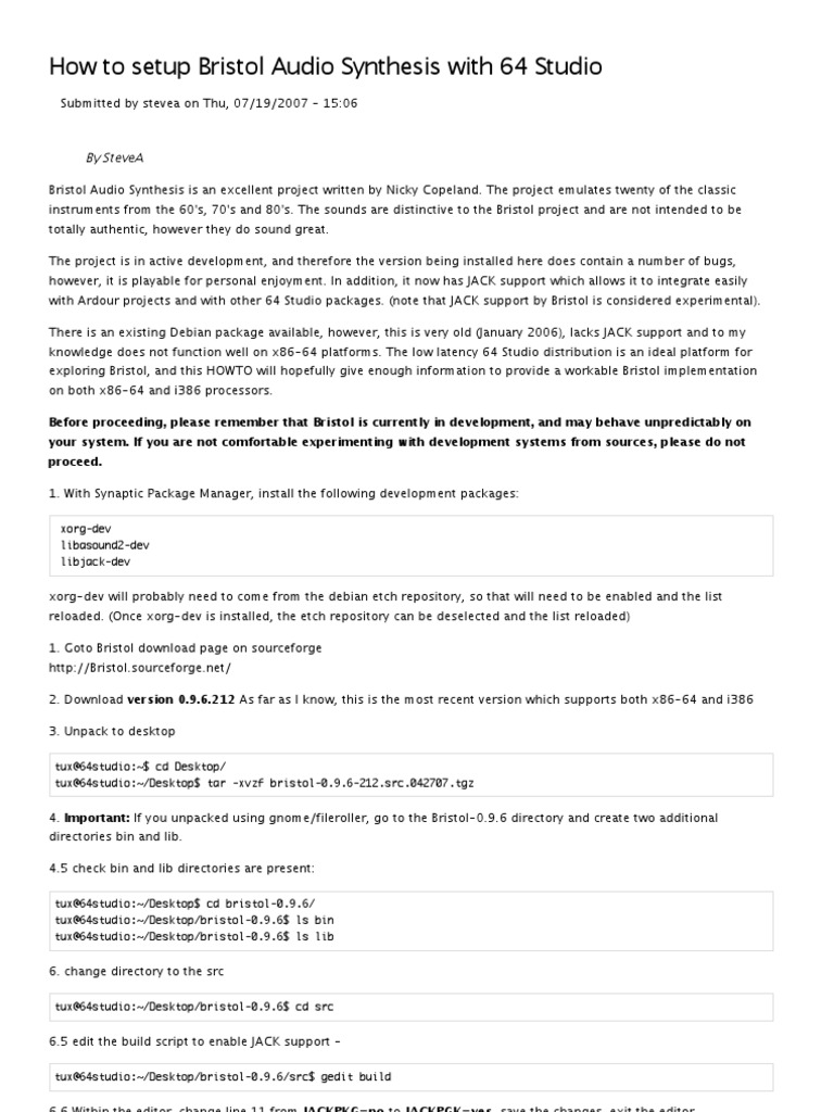 How to setup bristol audio synthesis with 64 studio pdf desktop