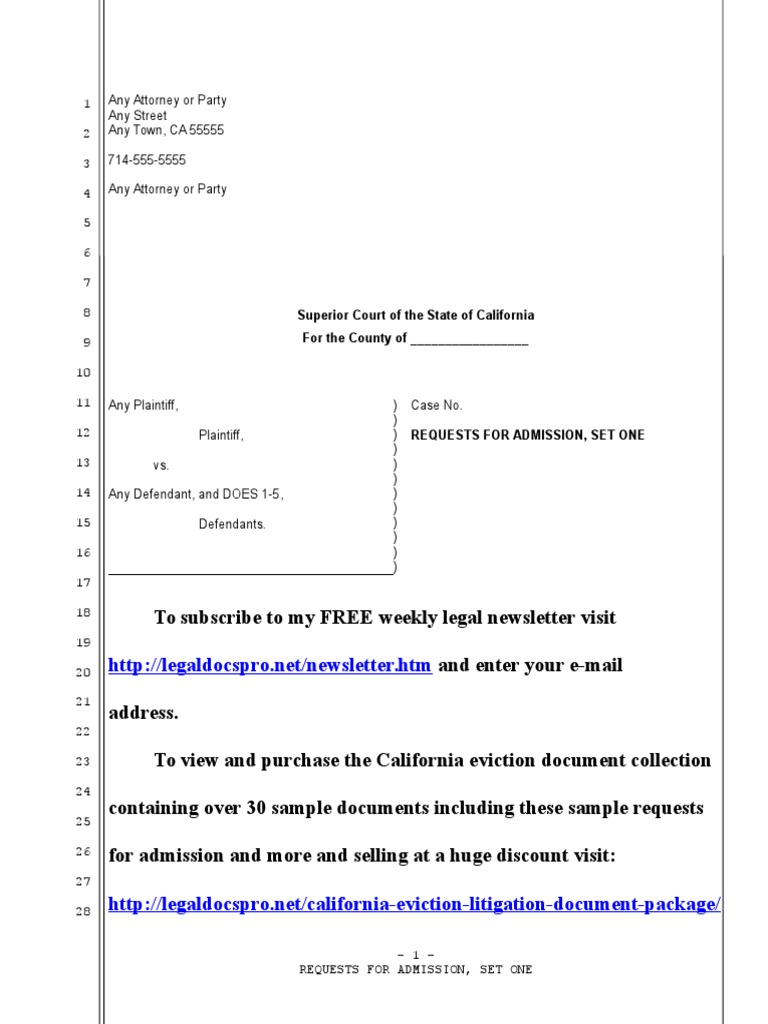 Sample Requests for Admission for California Eviction Eviction Virtue