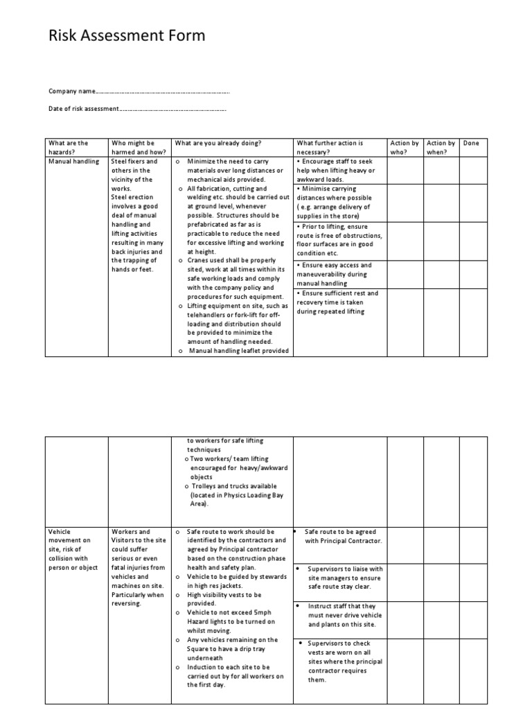 Risk Assessment Form Vehicles Forklift