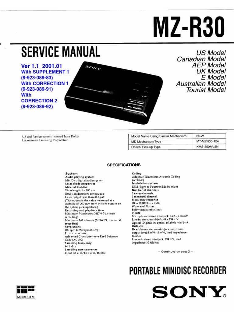Sony MZ-R30 Service Manual | PDF | Electronics | Electrical