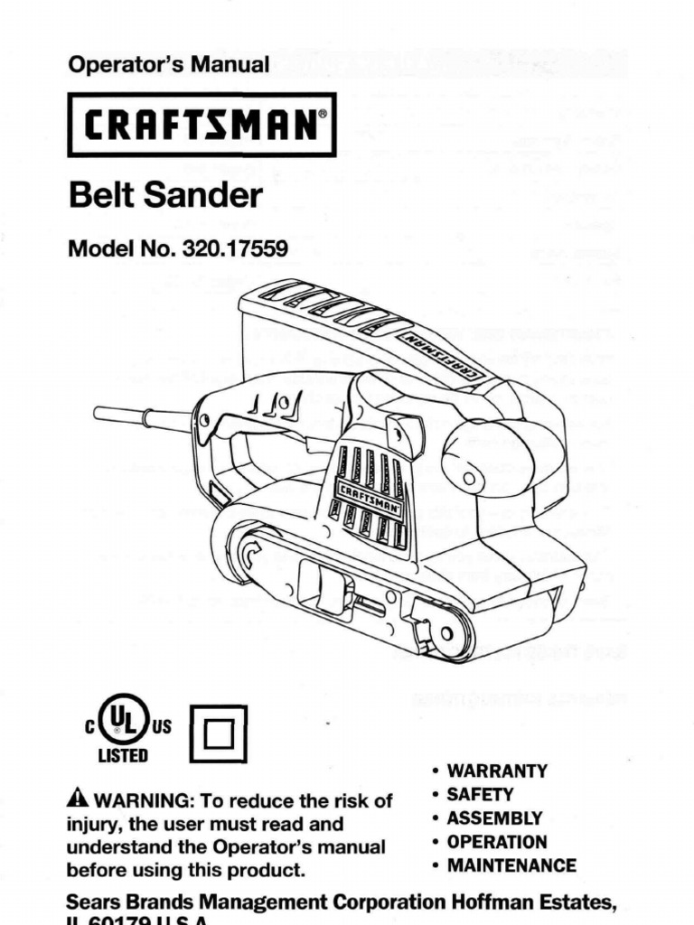 Craftsman Belt Sander Model 320.17559 Operator's Manual PDF PDF