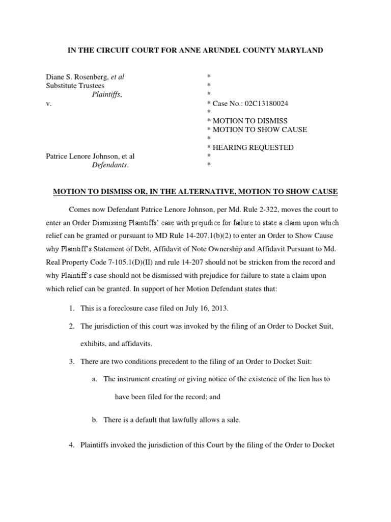 Motion Show Cause Patrice Johnson | PDF | Deed Of Trust (Real Estate ...