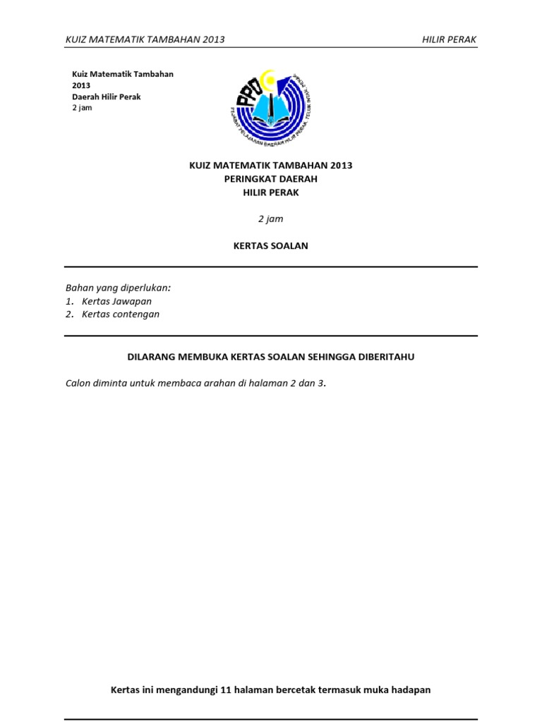 Kuiz Matematik Tambahan Daerah 2013 (Kertas Soalan)