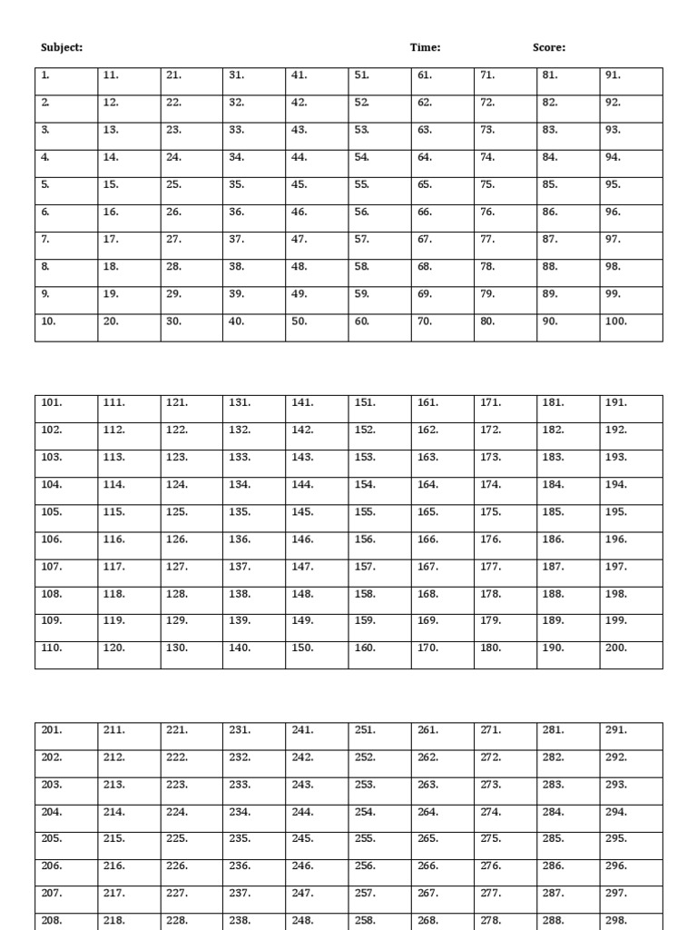 Answer Sheet 1 - 300 | PDF | Lifestyle for Free Printable Answer Sheet 1 200