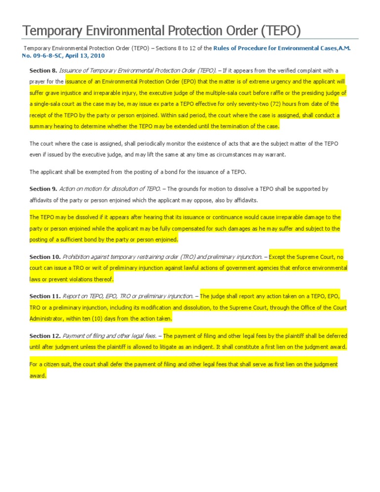 Temporary Environmental Protection Order Restraining Order