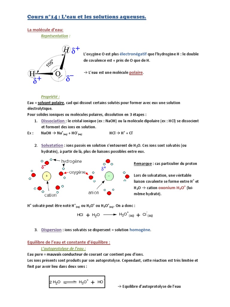 Cours 14 L'eau Et Les Solutions Aqueuses | PDF | Molécule d'eau ...