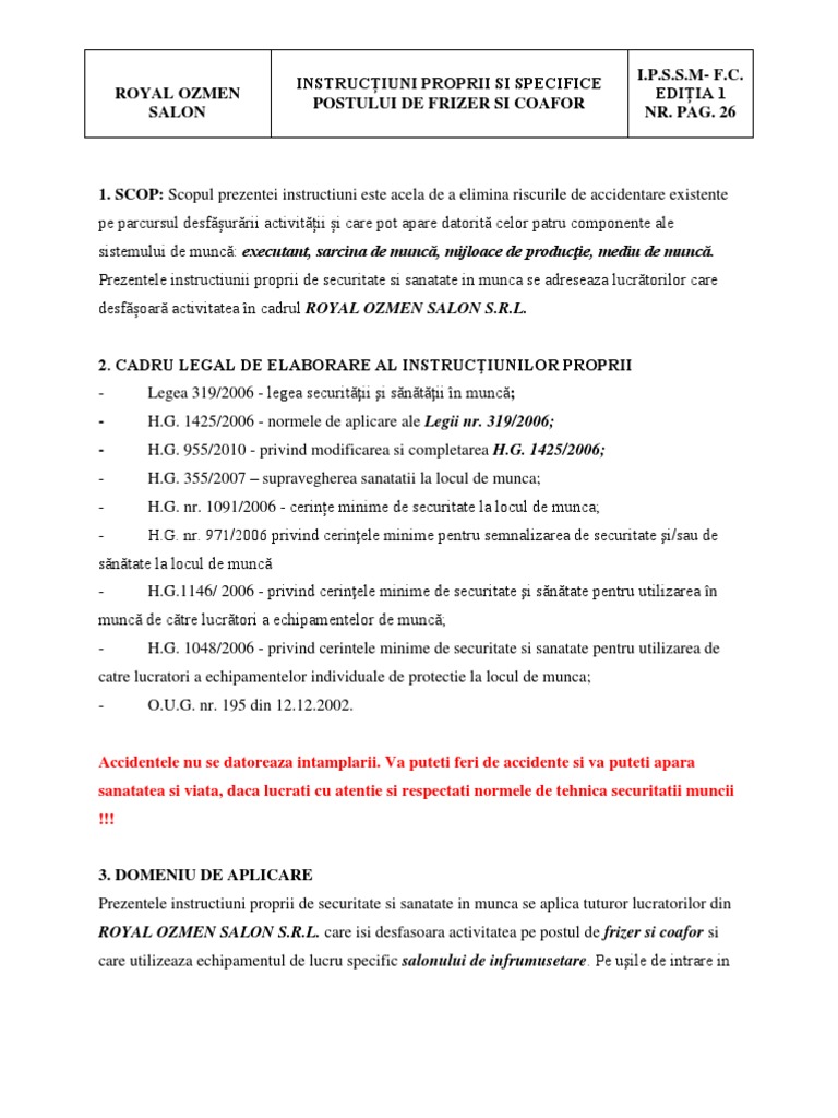 Instructiuni Proprii Frizerie Si Coafor | PDF