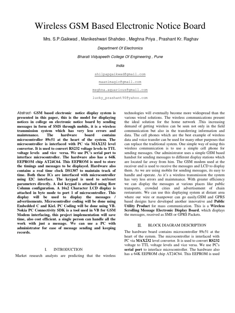 Wireless GSM Based Electronic Notice Board PDF Computer Engineering