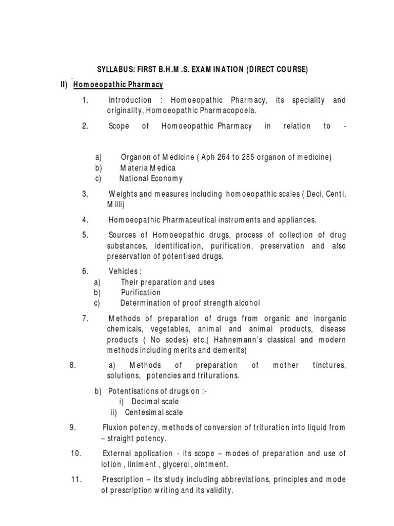 Syllabus: First B.H.M.S. Examination (Direct Course) II) Homoeopathic ...