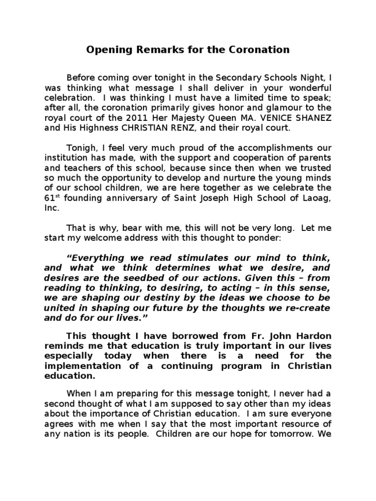 Opening Remarks For The Coronation Pdf