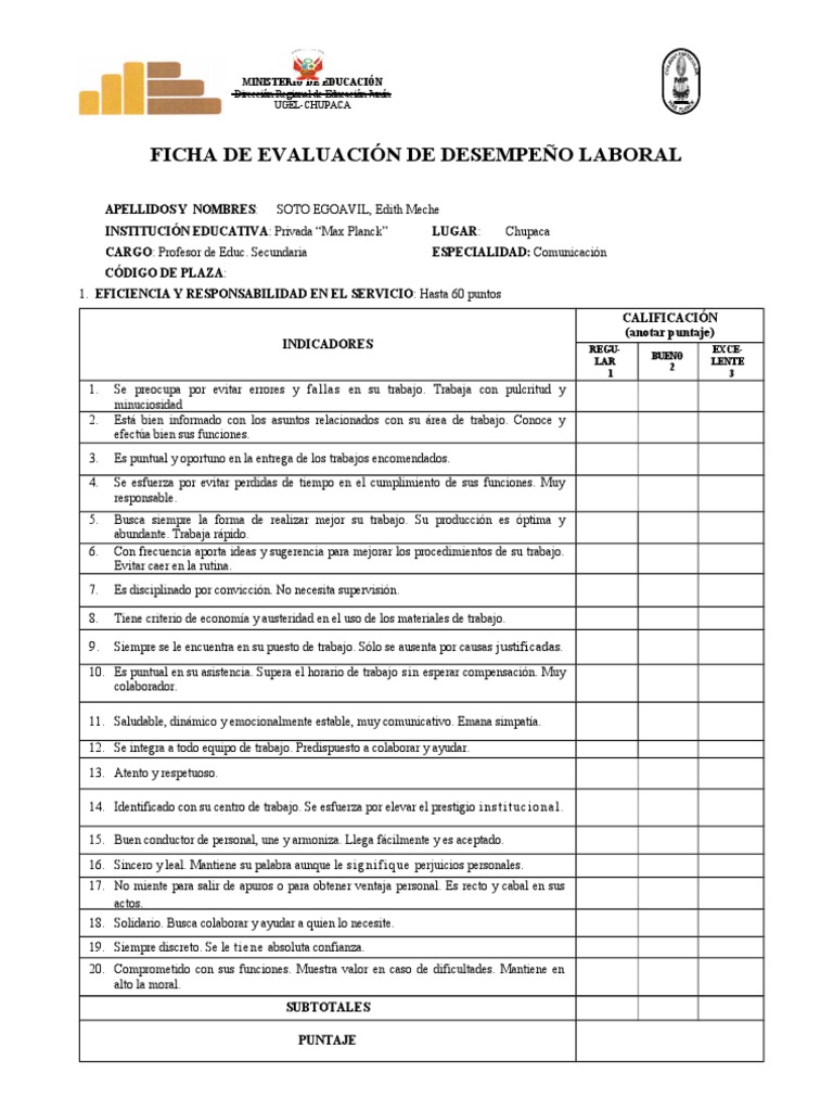 Ficha de Evaluación de Desempeño Docente | PDF | Maestros | Educación ...