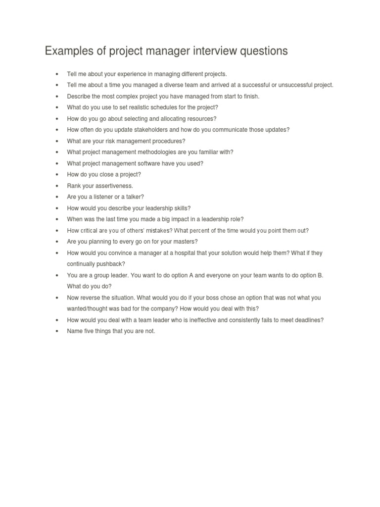 Examples of Project Manager Interview Questions Project Manager